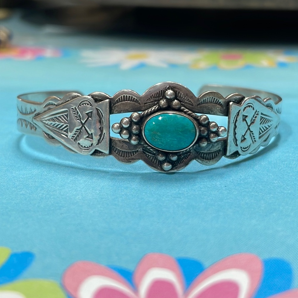 Sterling Silver Native American Cuff with Oval Turquoise Detail